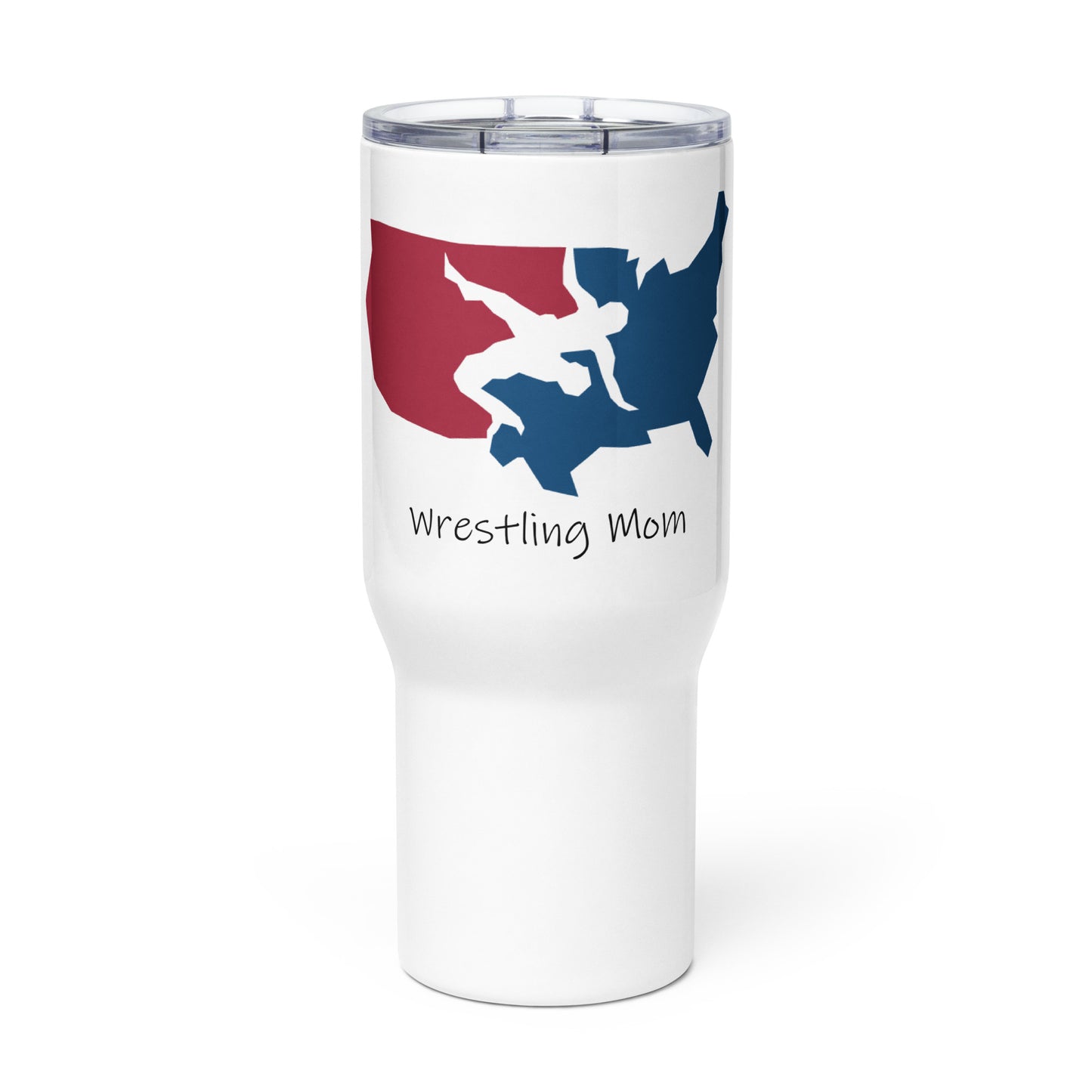 Wrestling mom travel mug with a handle